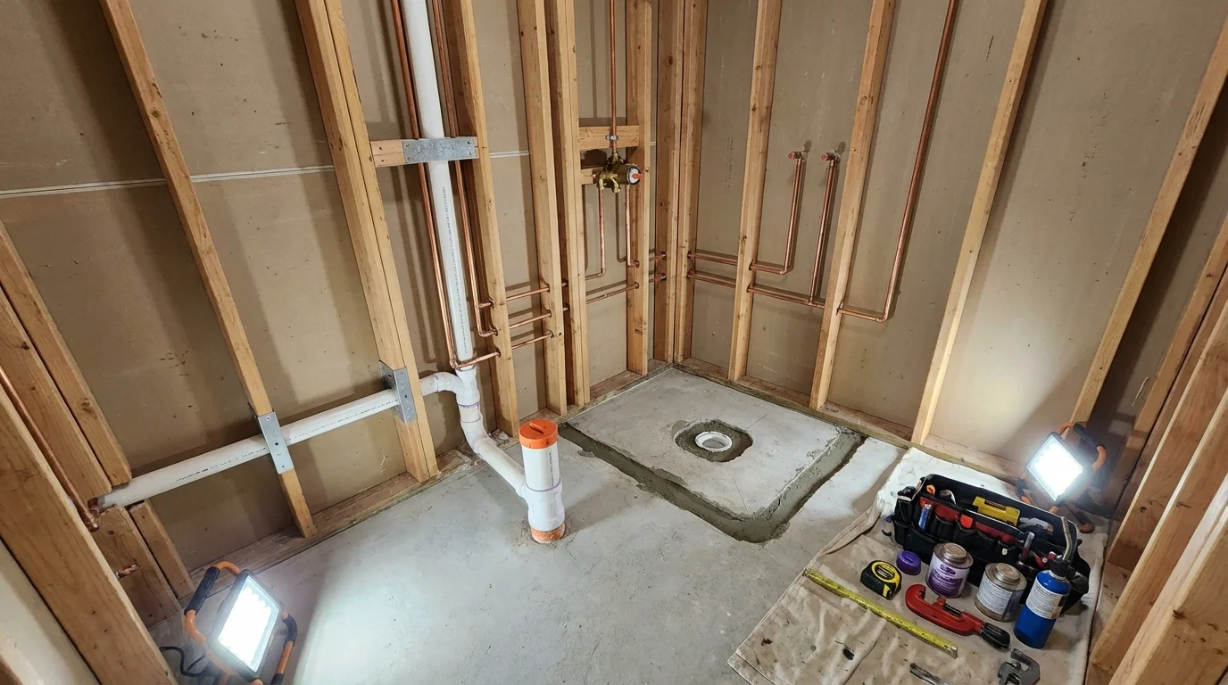 Bathroom rough-in plumbing during remodel by Johns Plumbing LLC in Suitland