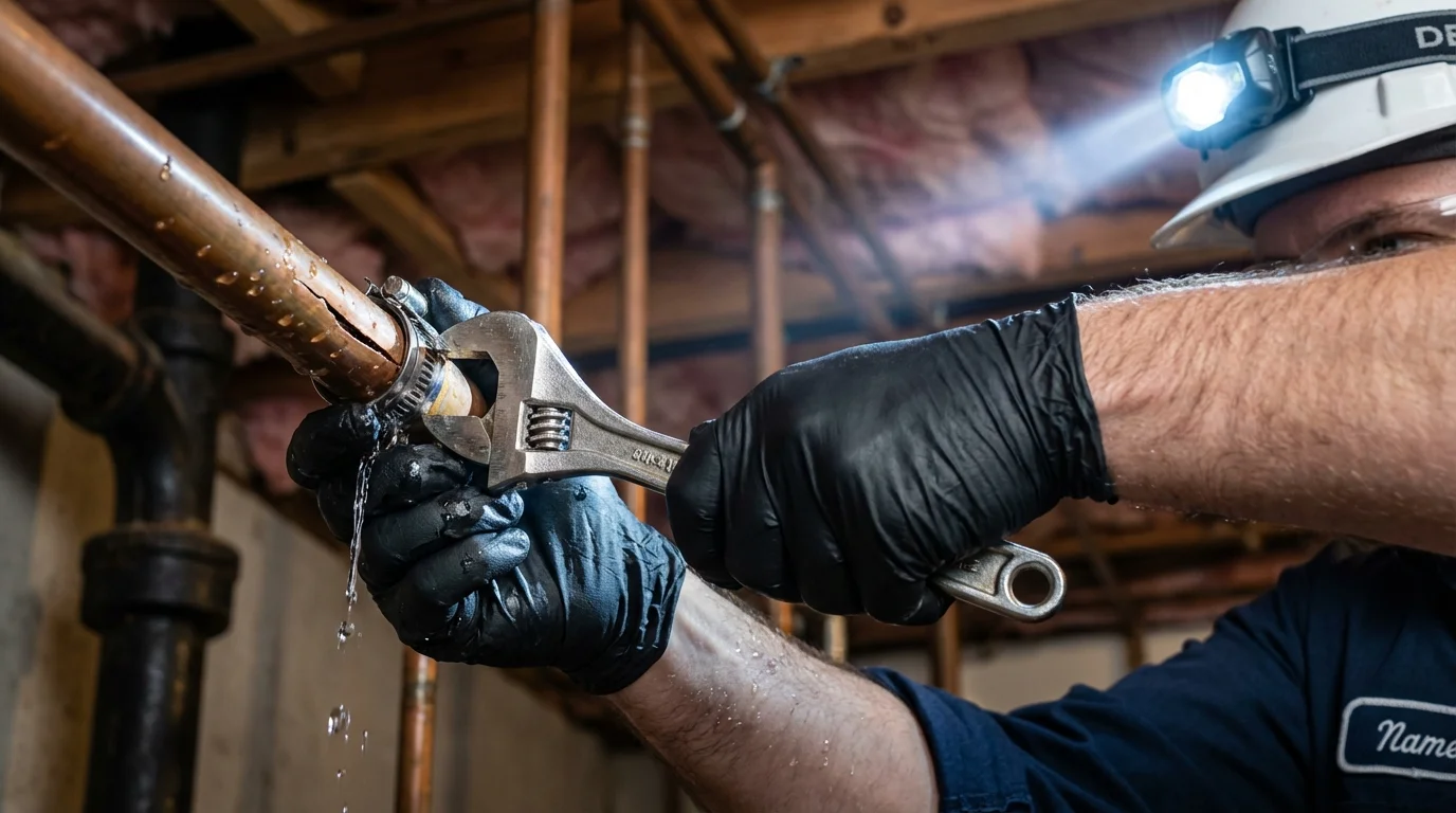 Emergency pipe clamp repair being performed by a Johns Plumbing LLC plumber in Suitland