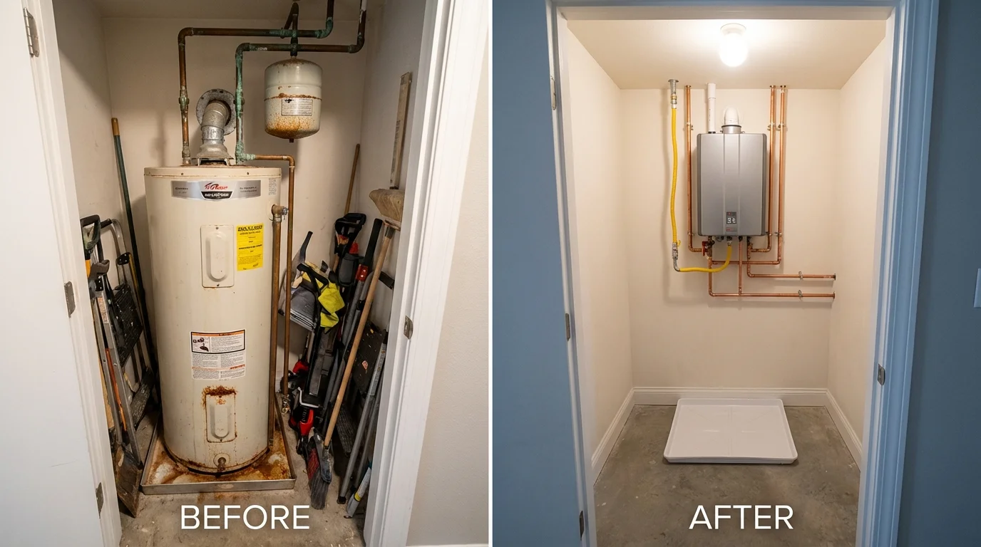 Tank water heater versus wall-mounted tankless unit comparison for Suitland, MD homeowners