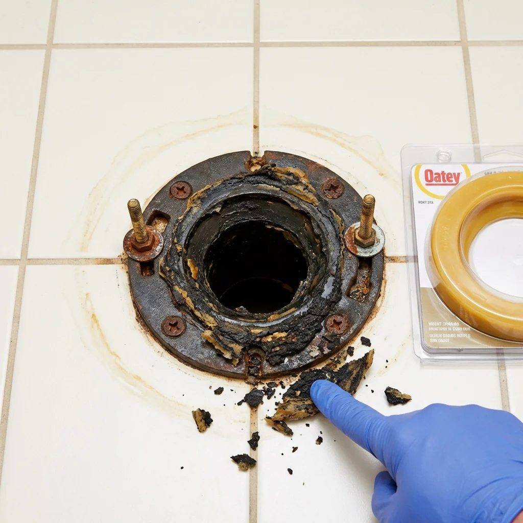 Failed wax ring showing water seepage at the base of a toilet in a Suitland, MD home